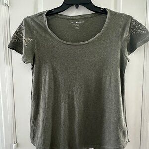 Lucky Brand Womens Embroidered Olive Green Short Sleeve T-Shirt Medium Cotton Bl